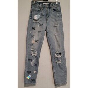 eunina Butterfly Distressed Mylar Taped Tobi Super High Rise Mom Crop Jeans sz 1